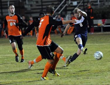 Sindre Welo releasing the shot that resulted in the golden goal victory over Tusculum